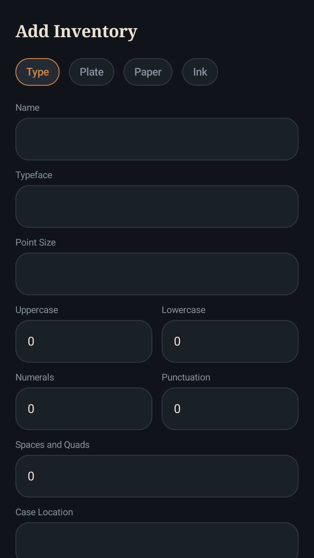 LetterPressStudio add inventory form screen