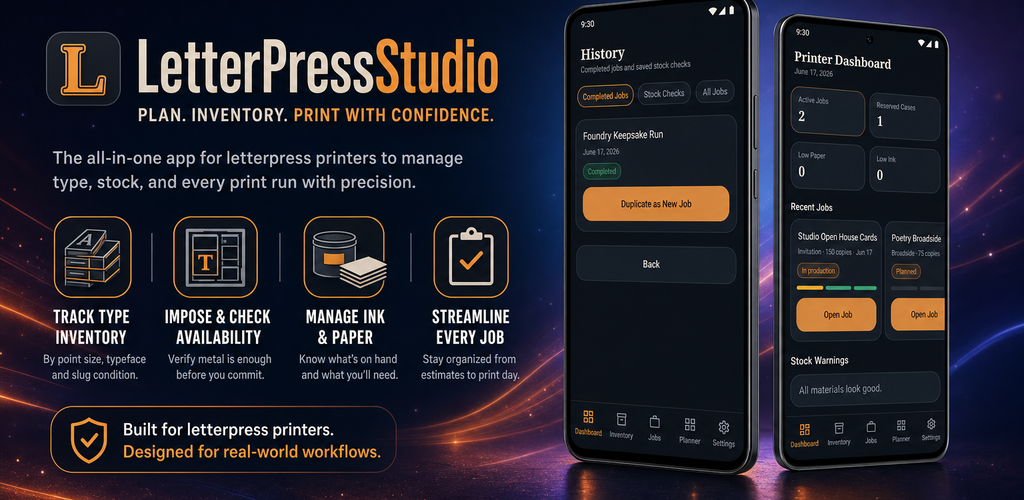 LetterPressStudio promotional banner with dashboard and app screens