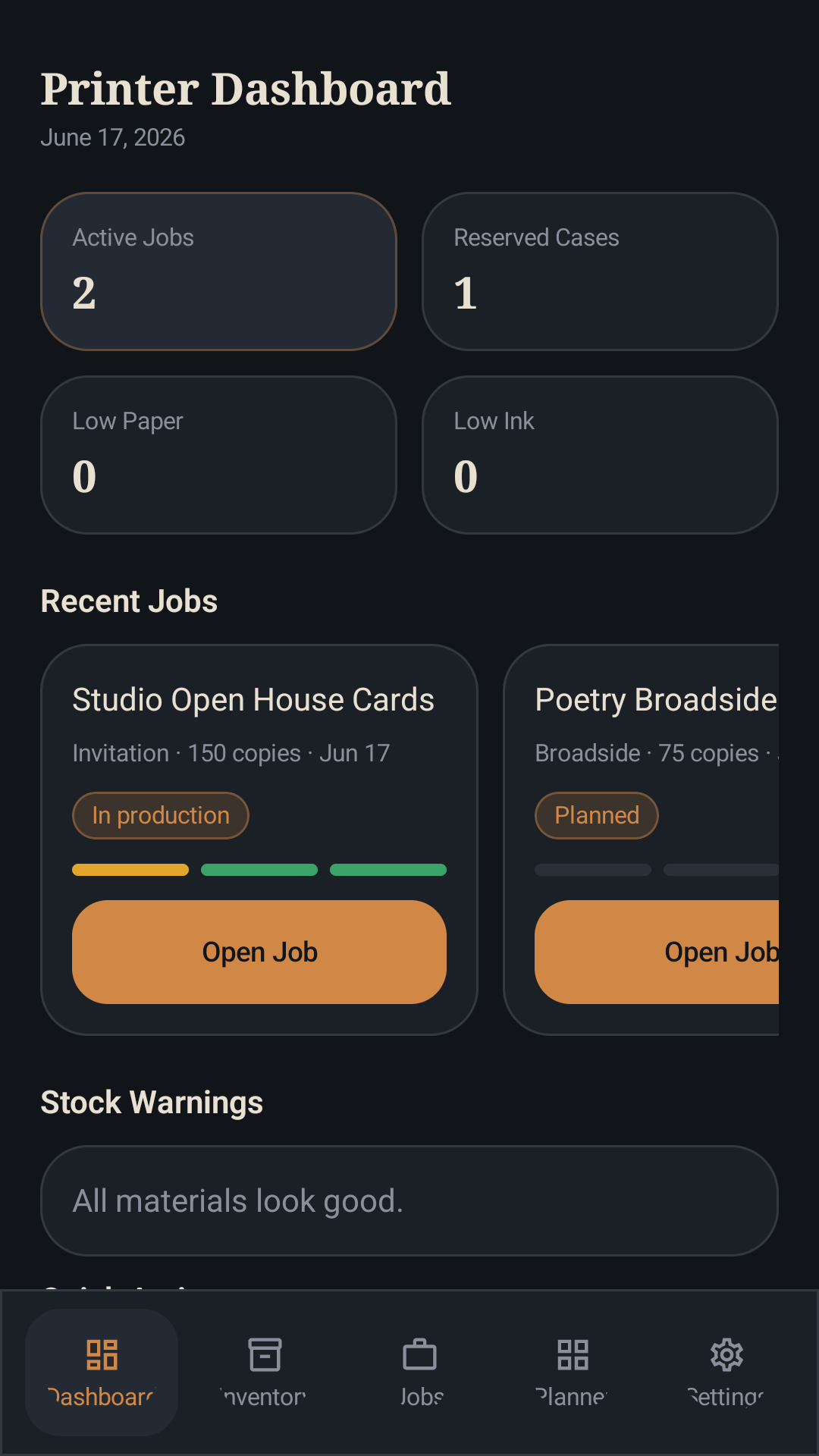 LetterPressStudio printer dashboard screen