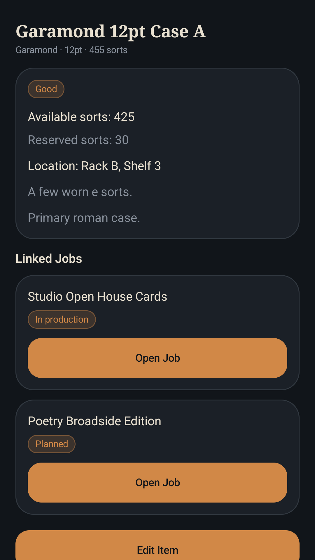 LetterPressStudio type inventory detail screen